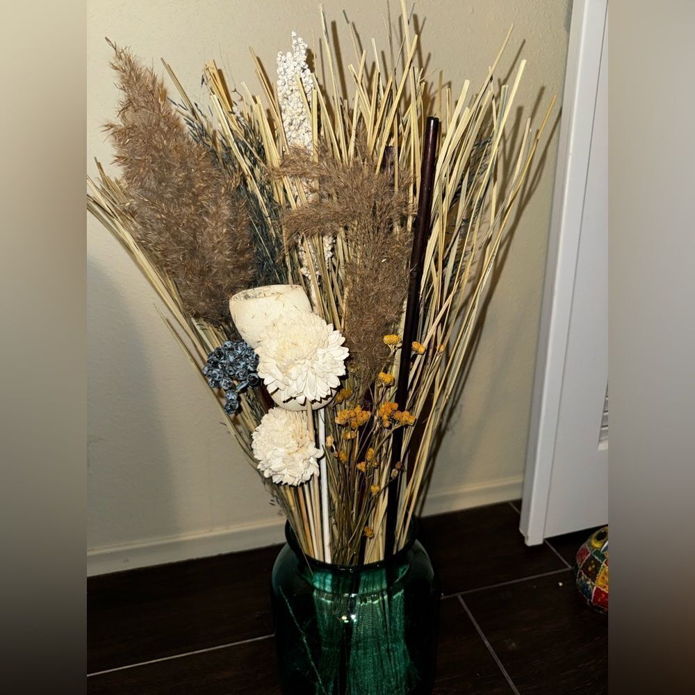 Stunning Dried Floral Arrangement in Blue- Green Glass Vase handmade in Spain